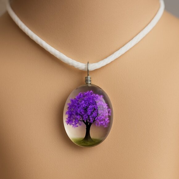 Oval Resin Purple Floral Tree Pendant Necklace - 18" White Cord Fashion Jewelry - Picture 1 of 7